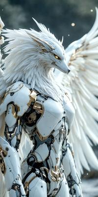 The primary subject of the image is a white and gold robot with large wings. The robot is the main focus of the image, and it appears to be a futuristic, mechanical creature. The setting is a white background, which provides a clean and minimalist look to the image. The visual style is a combination of digital art and illustration, creating a unique and intriguing appearance. The colors and mood of the image are predominantly white and gold, giving it a sense of elegance and sophistication.